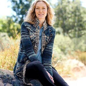 J. Jill Wool Navajo Southwestern Aztec Knit Long Cardigan Sweater Coat Sz M Navy